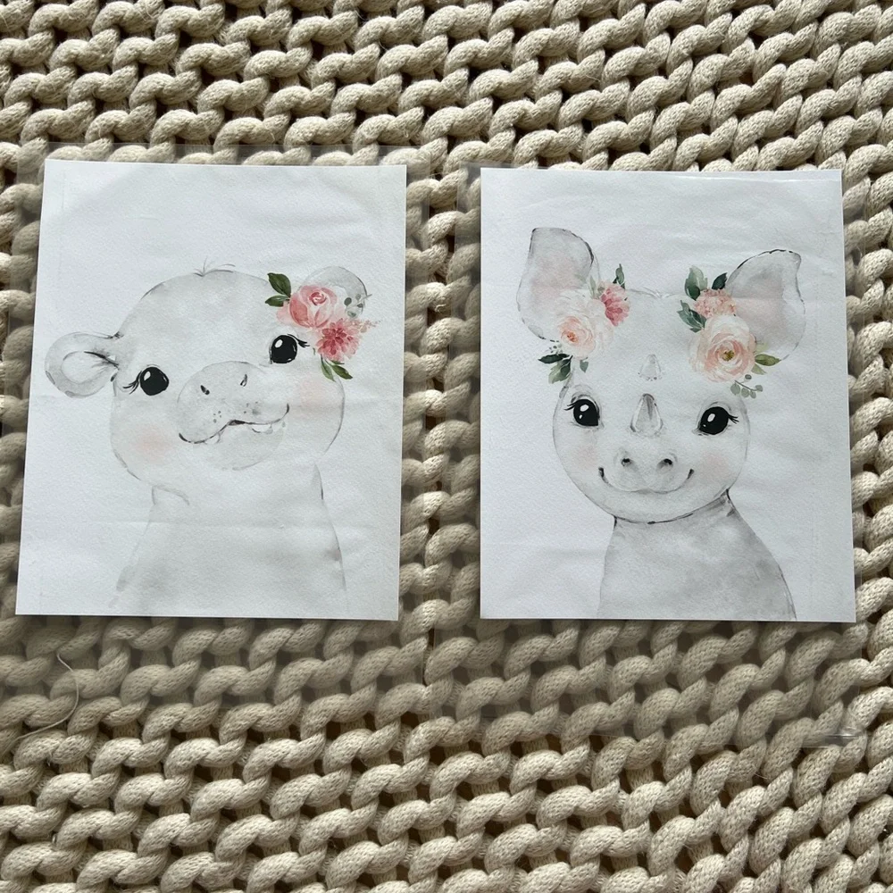 Two 8x10 Watercolor Rhino & Hippo Painting with Flower Crown